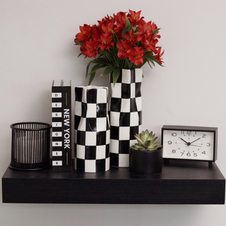 A close-up photo of a bookshelf. On the shelf, there are two black and white checkered vases, a rectangular clock, a potted plant in a brown pot, and several hardcover books with colorful spines.