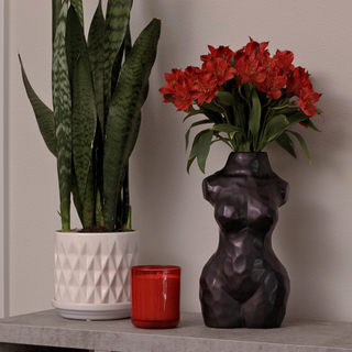 A decorative shelf featuring a matte black ceramic vase shaped like a woman's torso holding red flowers. The vase sits on the shelf next to a potted plant and a red candle.